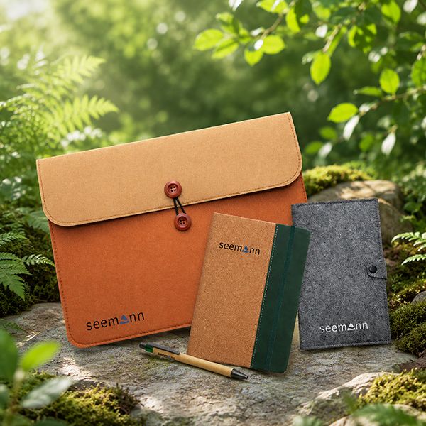 Tan document folder, a notebook and a grey felt pouch standing on a mossy rock, each printed with a logo