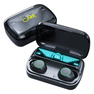 Black wireless earbuds in an open charging case with a light-up digital display, the lid printed with a logo