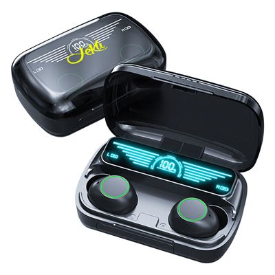 Black wireless earbuds in an open charging case with a light-up digital display, the lid printed with a logo
