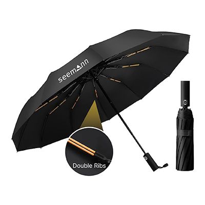 Open black 12 panel umbrella with gold ribs and a double ribs callout, printed with a logo