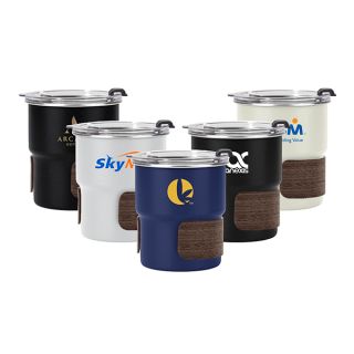 Four stainless steel tumblers in white, black and silver with a cork band around the base, each printed with a logo