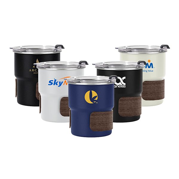 Four stainless steel tumblers in white, black and silver with a cork band around the base, each printed with a logo