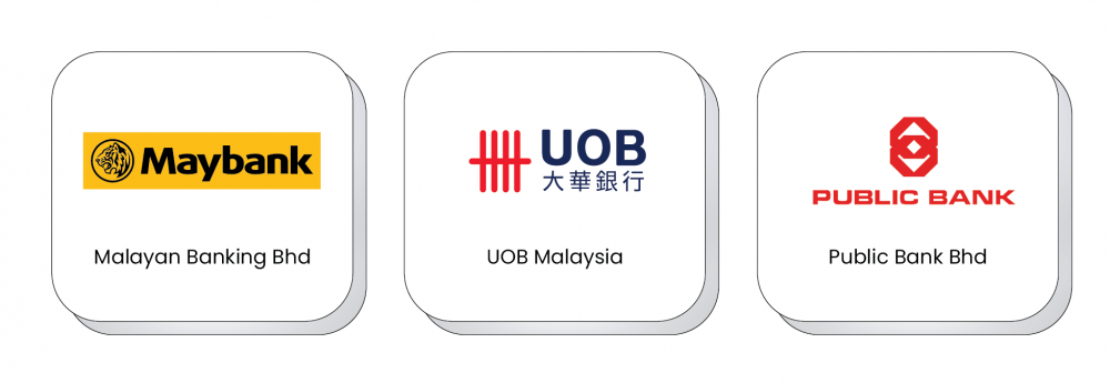 Bank logos of Maybank, UOB Malaysia and Public Bank, the banks Giftstalk accepts transfers to