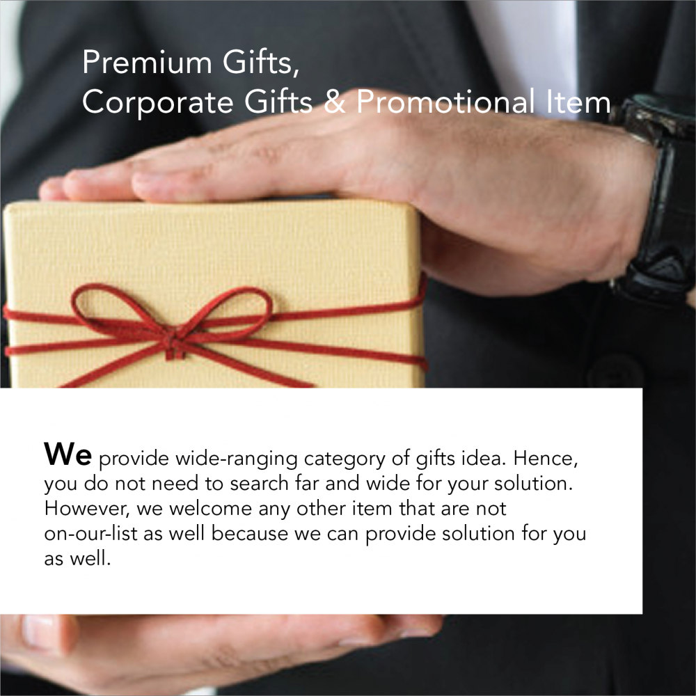 Premium and corporate gifts, shown as a ribbon-wrapped gift box