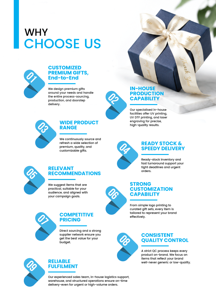 Why choose Giftstalk: end-to-end customisation, in-house UV and laser printing, ready stock, competitive pricing and quality control