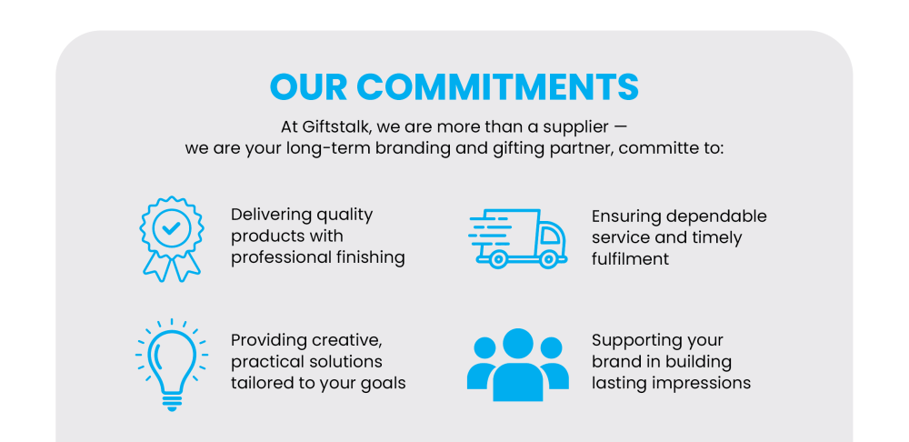 Logo wall of Giftstalk corporate clients including Petronas, Malaysia Airlines, KWSP EPF, Daikin, Gamuda and UMW, alongside the company’s service commitments