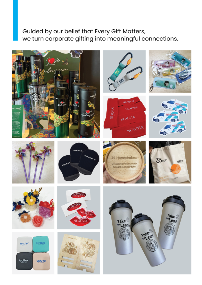 Branded corporate gifts produced by Giftstalk, including tumblers, keychains, towels, tote bags and coasters